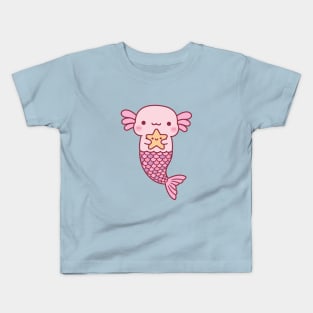 Cute Pink Axolotl Mermaid Holding Starfish Kids T-Shirt